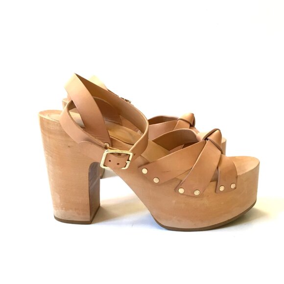 Loeffler Randall Abbie Knot Clog Sandals Womens 9 Tan Leather Platform Studded - Picture 12 of 14